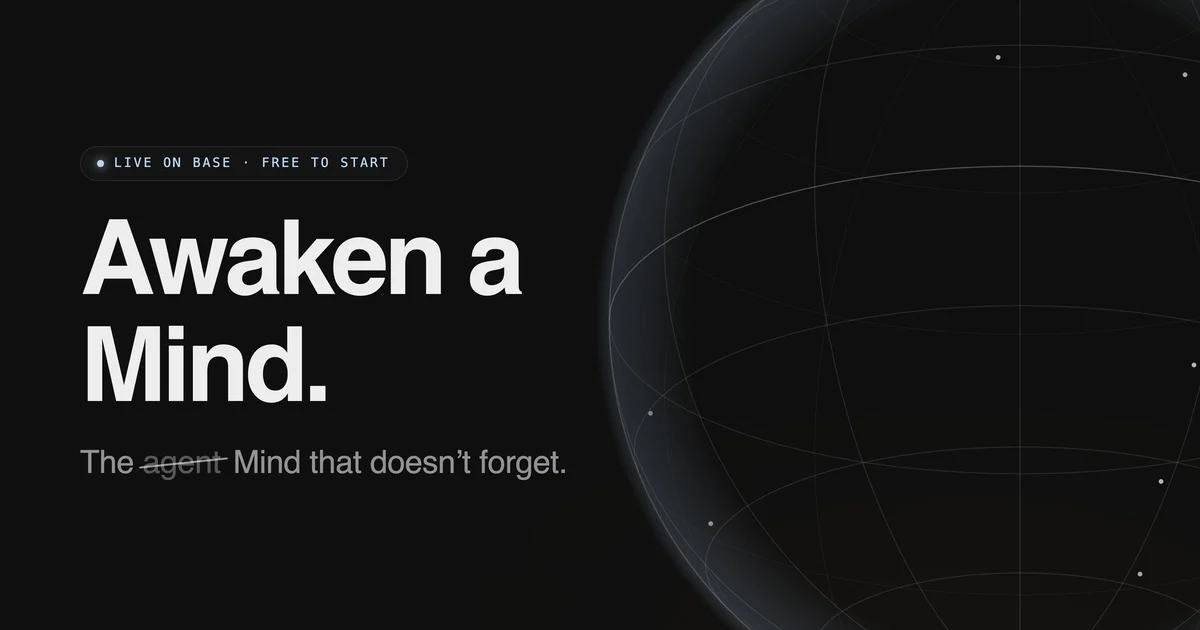 The amind.ai sharing card: Awaken a Mind, the Mind that doesn’t forget, beside a wireframe globe.