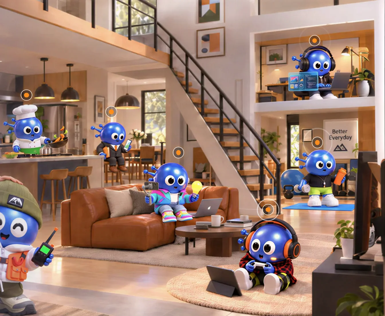 Minds by Animoca Brands: blue Minds characters cooking, working and relaxing around a home.