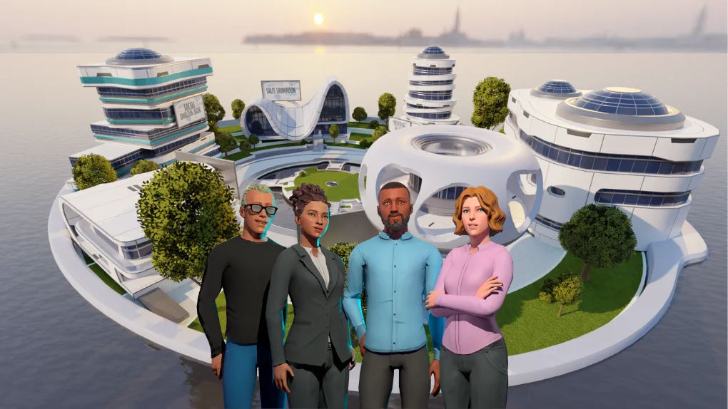 A Virtway 3D environment: a waterfront campus of buildings with four avatars in the foreground.